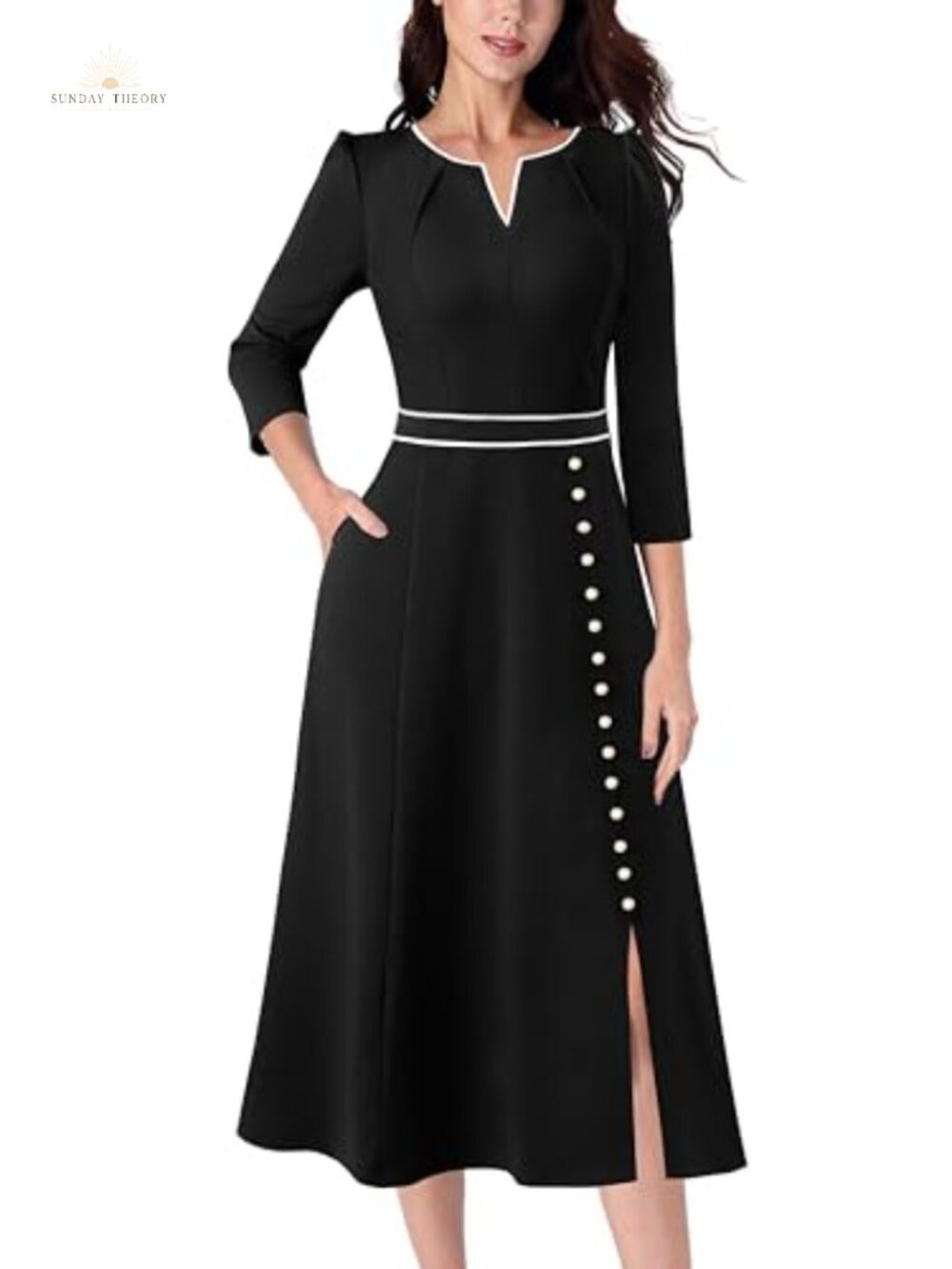 Pleated Notch Neck Midi Work Dress with Pockets and Buttons